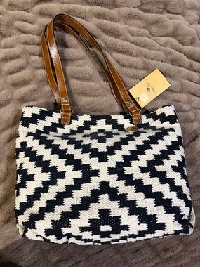 Patricia Nash Black & White Woven Geometric Tote with Brown Leather Handles
